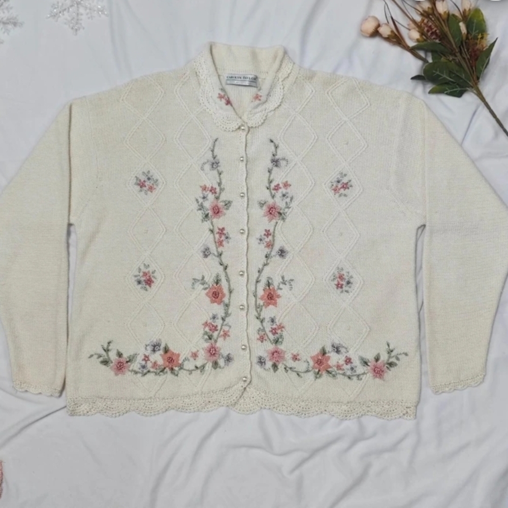 Carolyn Taylor Cream Cardigan with Pink Floral Embroidery - Picture 2 of 6